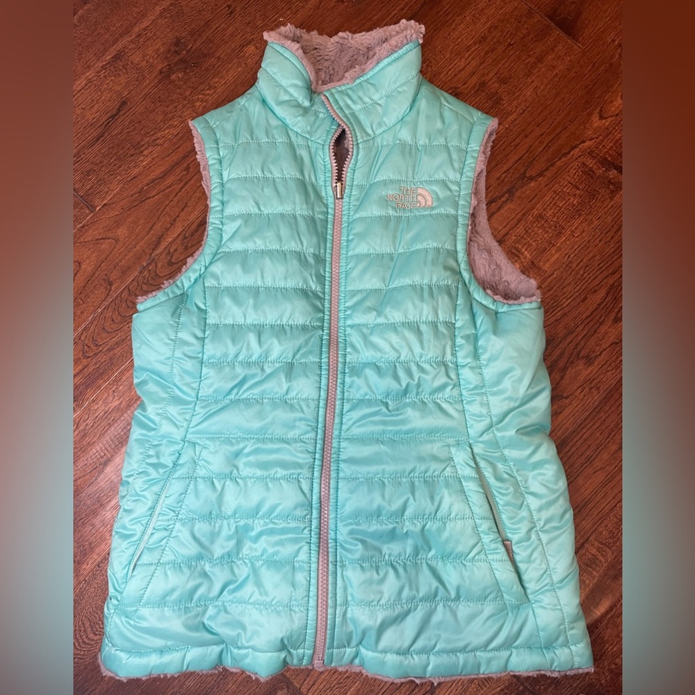 NorthFace Teal Puffer Vest with Reversible Gray Fluffy Side